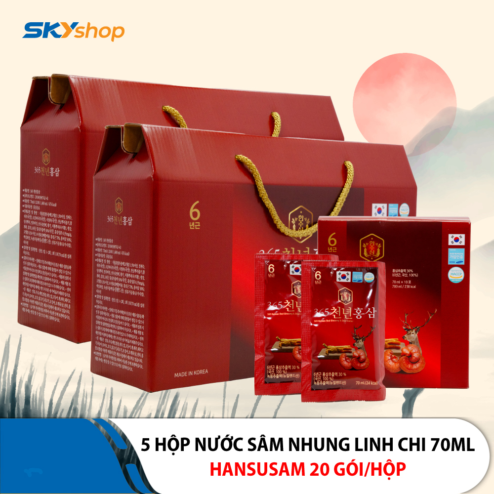 5 Hộp nước chiết hồng sâm nhung hươu linh chi 365 Hansusam - Hộp 20 Gói 70ml 5 Hộp nước chiết hồng sâm nhung hươu linh chi 365 Hansusam - Hộp 20 Gói 70ml