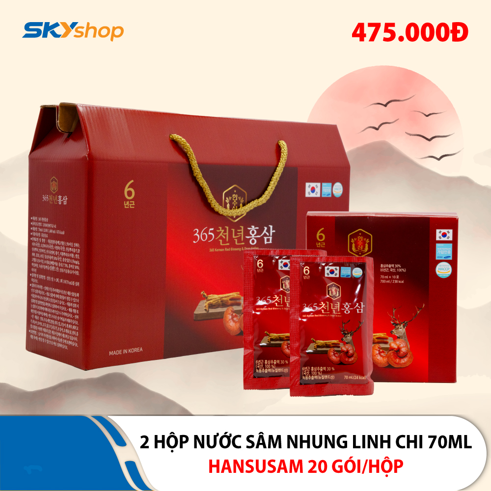 2 Hộp nước chiết hồng sâm nhung hươu linh chi 365 Hansusam - Hộp 20 Gói 70ml