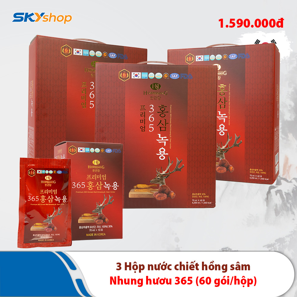 3 Hộp Nước chiết hồng sâm nhung hươu linh chi 365 Hansusam - Hộp 60 Gói 70ml