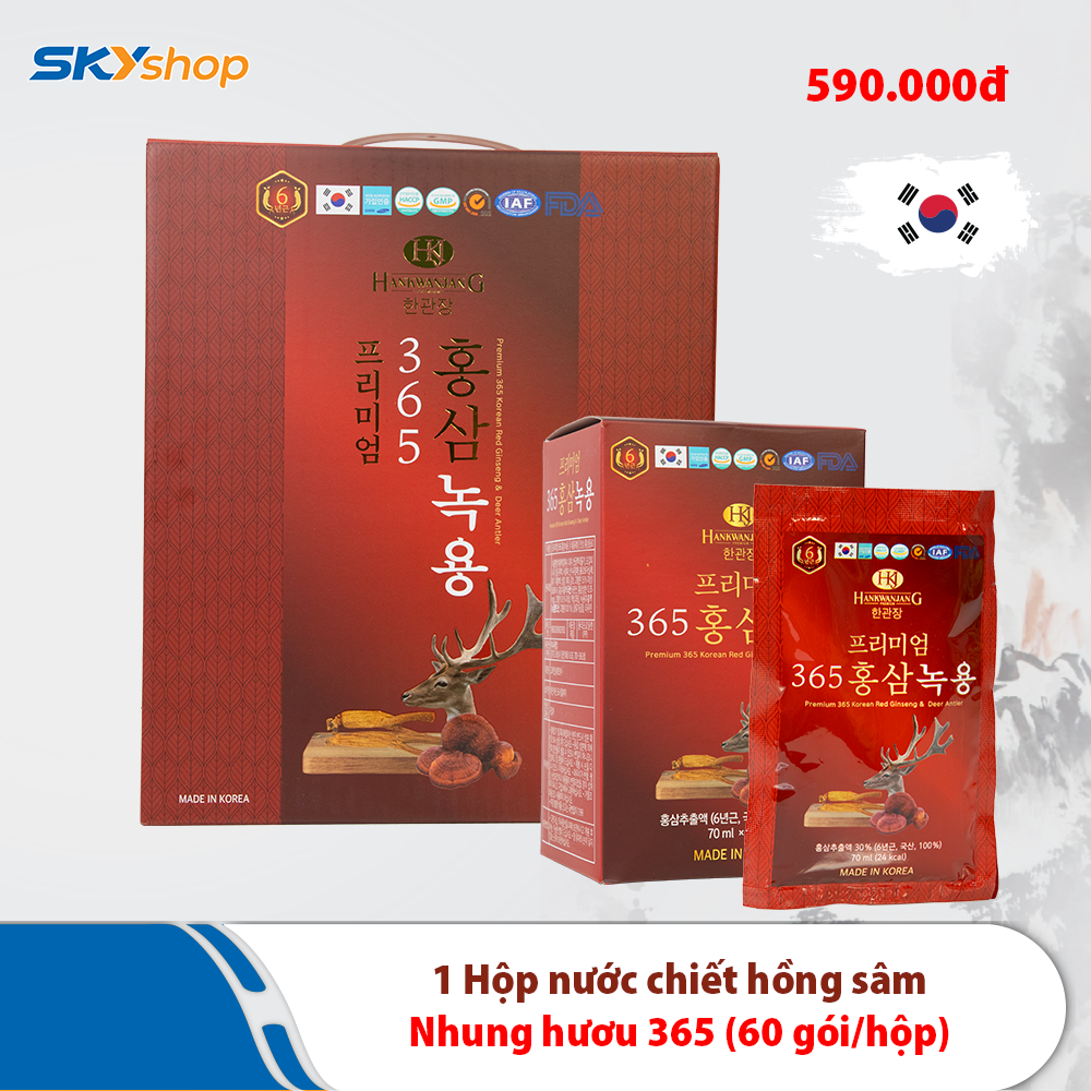 Nước chiết hồng sâm nhung hươu linh chi 365 Hansusam - Hộp 60 Gói 70ml