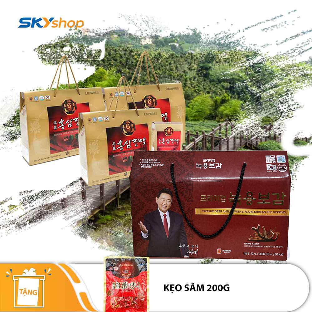 Chong Kun Dang - 1 hộp nước chiết xuất Hồng Sâm 6 năm tuổi (30 gói/hộp) + 1 hộp nước chiết xuất Nhung Hươu và Hồng Sâm 6 năm tuổi (30 gói/hộp) - Tặng 1 gói kẹo sâm 200gr