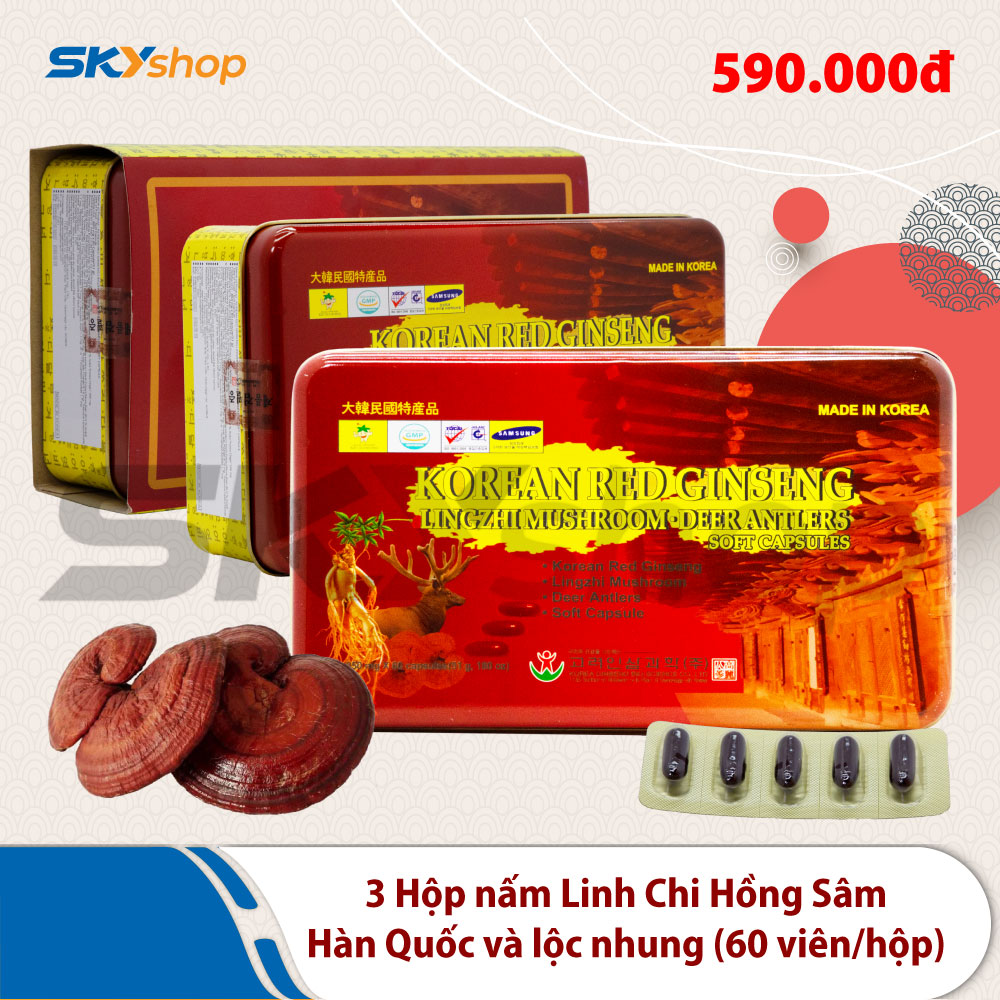 3 Hộp thực phẩm bảo vệ sức khỏe viên nang mềm nấm Linh Chi Hồng Sâm Hàn Quốc và Lộc Nhung (60 viên/hộp)