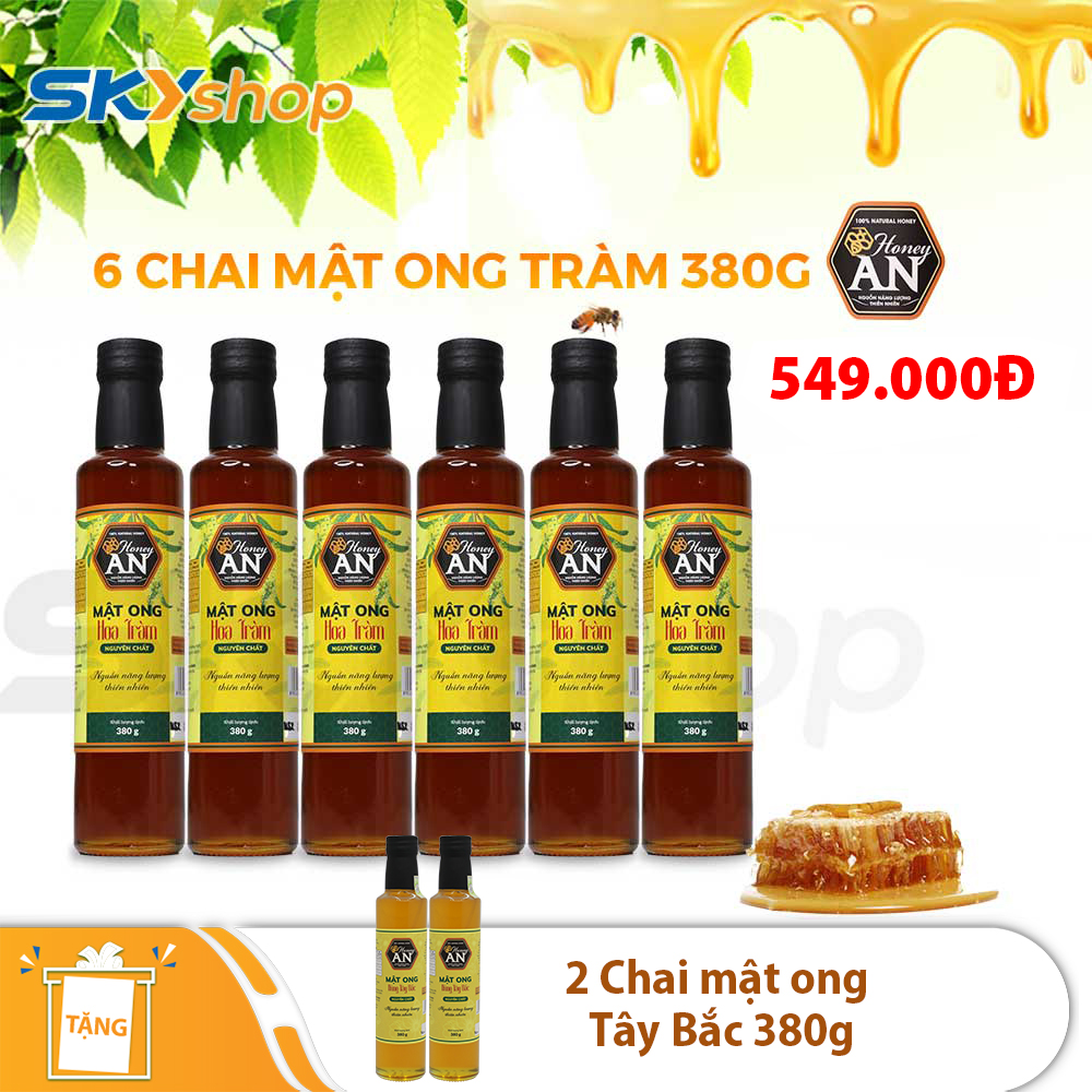 6 Chai mật ong Hoa Tràm Honey An 380gr - Tặng 2 chai mật ong Tây Bắc Honey An 380gr