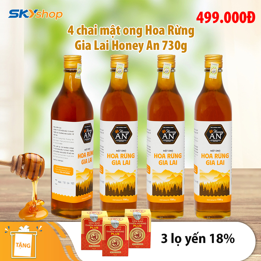 4 Chai Mật Ong Hoa Rừng Gia Lai Honey An 730g/Chai - Tặng 3 lọ yến 18%