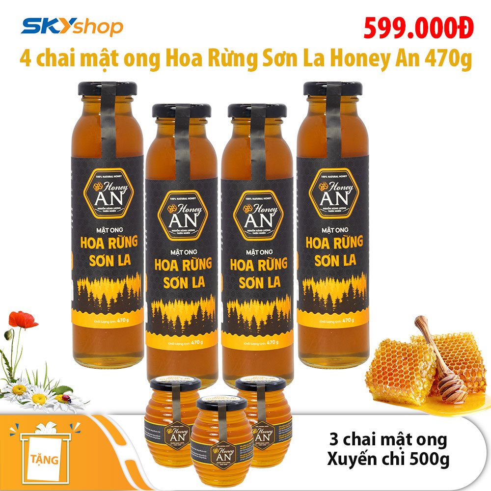 4 chai mật ong hoa rừng Sơn La Honey An 470g - Tặng 3 chai mật ong hoa xuyến chi 500g