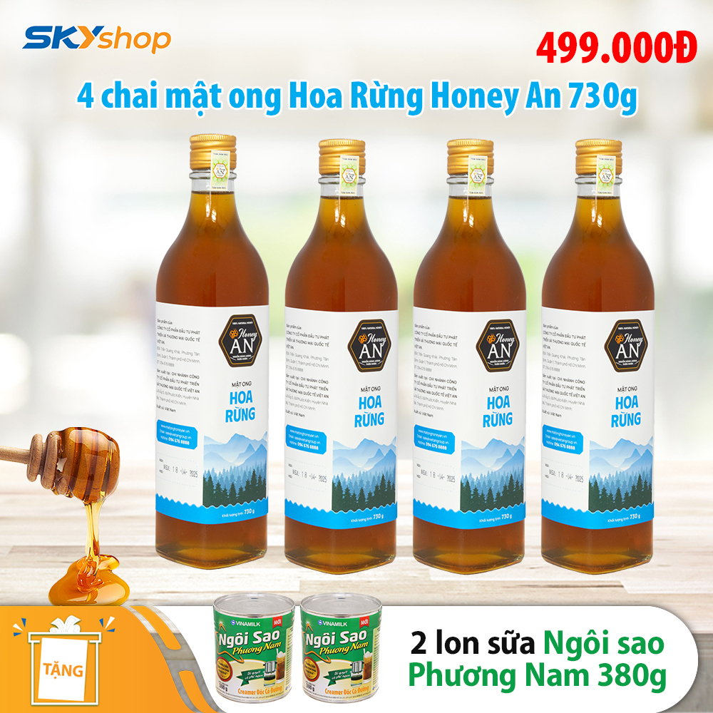 4 Chai Mật Ong Hoa Rừng Honey An 730g/Chai - Tặng 2 lon sữa đặc Ngôi sao Phương Nam 380g