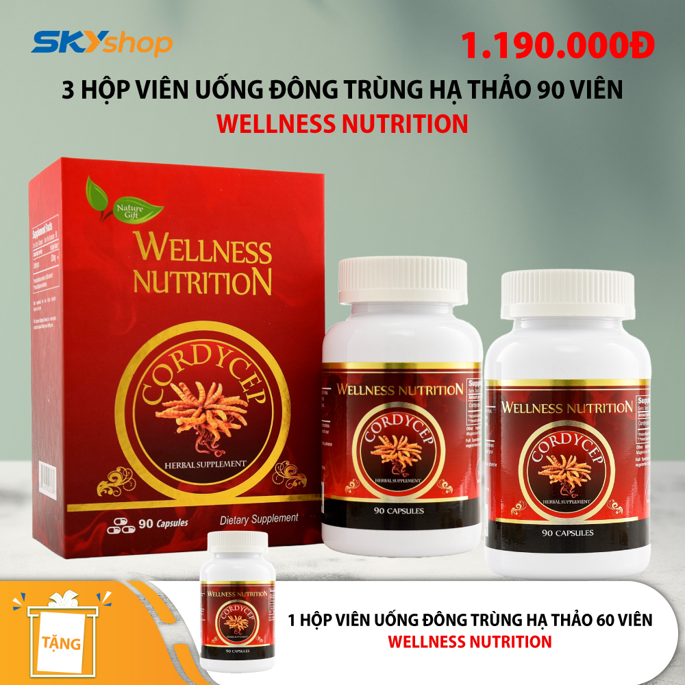 3 Hộp viên uống Đông Trùng Hạ Thảo Wellness Nutrition 90 viên/lọ - Tặng 1 hộp Wellness Nutrition 60 viên/lọ