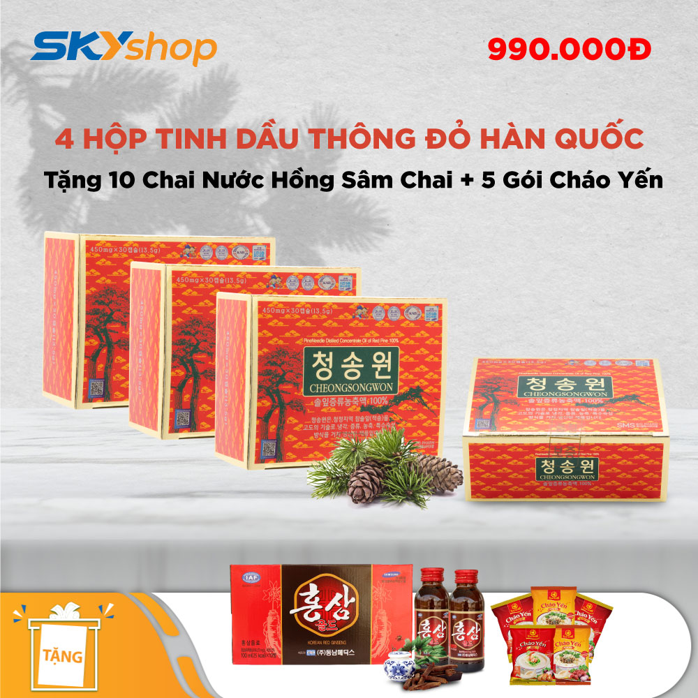 4 hộp tinh dầu thông đỏ Hàn Quốc Cheong Song Won (30 viên/hộp) - Tặng 10 chai nước sâm + 5 gói cháo yến