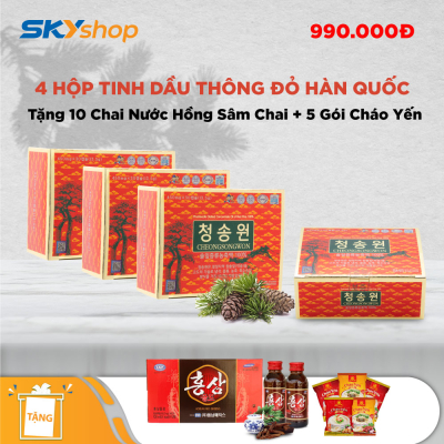 4 hộp tinh dầu thông đỏ Hàn Quốc Cheong Song Won (30 viên/hộp) - Tặng 10 chai nước sâm + 5 gói cháo yến