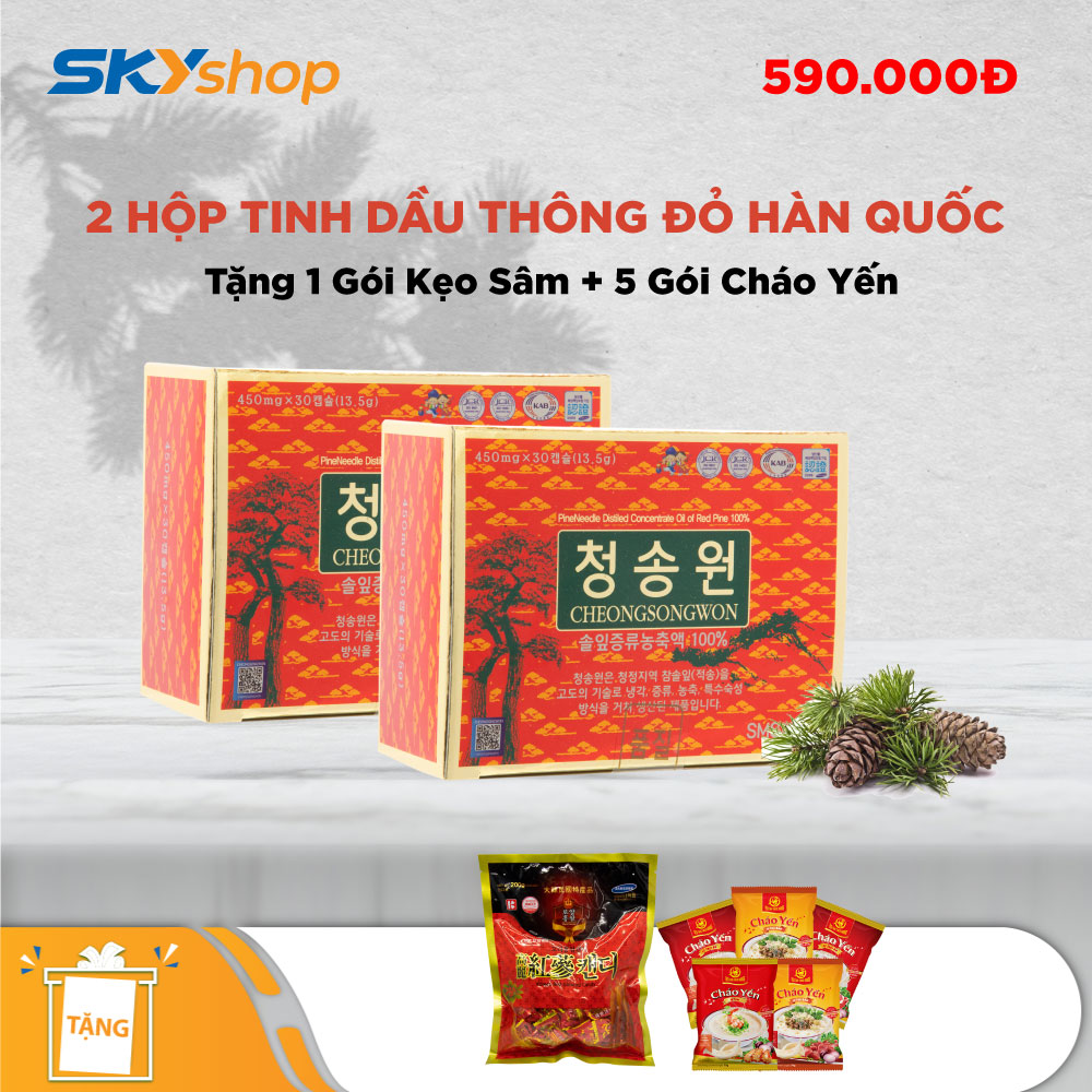 2 hộp tinh dầu thông đỏ Hàn Quốc (30 viên/hộp) - Tặng 5 gói cháo yến Thiên Hoàng, 1 gói kẹo sâm 200gr