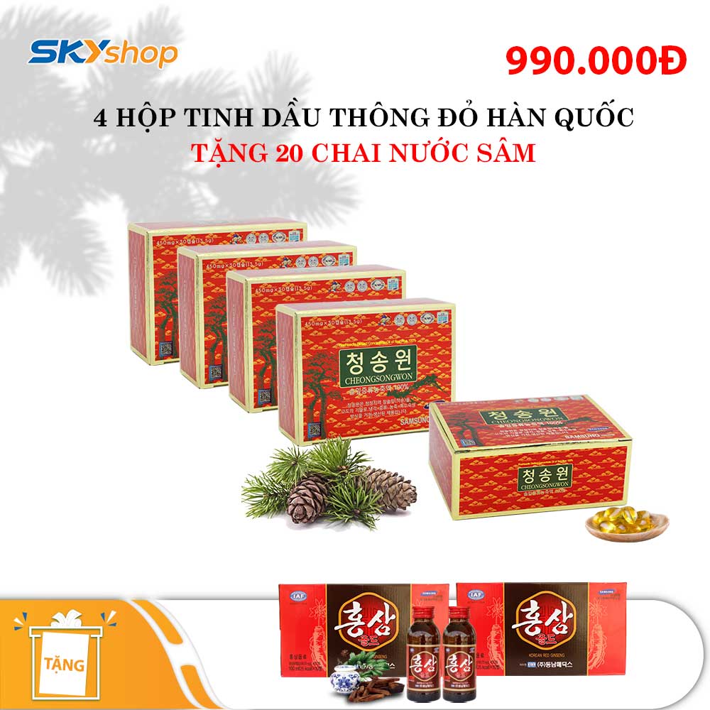 4 hộp tinh dầu thông đỏ Hàn Quốc Cheong Song Won (30 viên/hộp) - Tặng 20 chai nước sâm