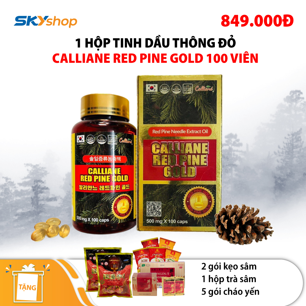 1 Hộp tinh dầu thông đỏ Hàn Quốc Calliane Red Pine Gold 100 viên - Tặng 1 hộp trà sâm Wongin-T Ginseng Tea + 2 gói kẹo sâm + 5  gói cháo yến Thiên Hoàng