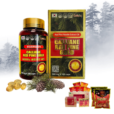 1 Hộp tinh dầu thông đỏ Hàn Quốc Calliane Red Pine Gold 100 viên - Tặng 1 hộp trà sâm Wongin-T Ginseng Tea + 2 gói kẹo sâm + 5  gói cháo yến Thiên Hoàng