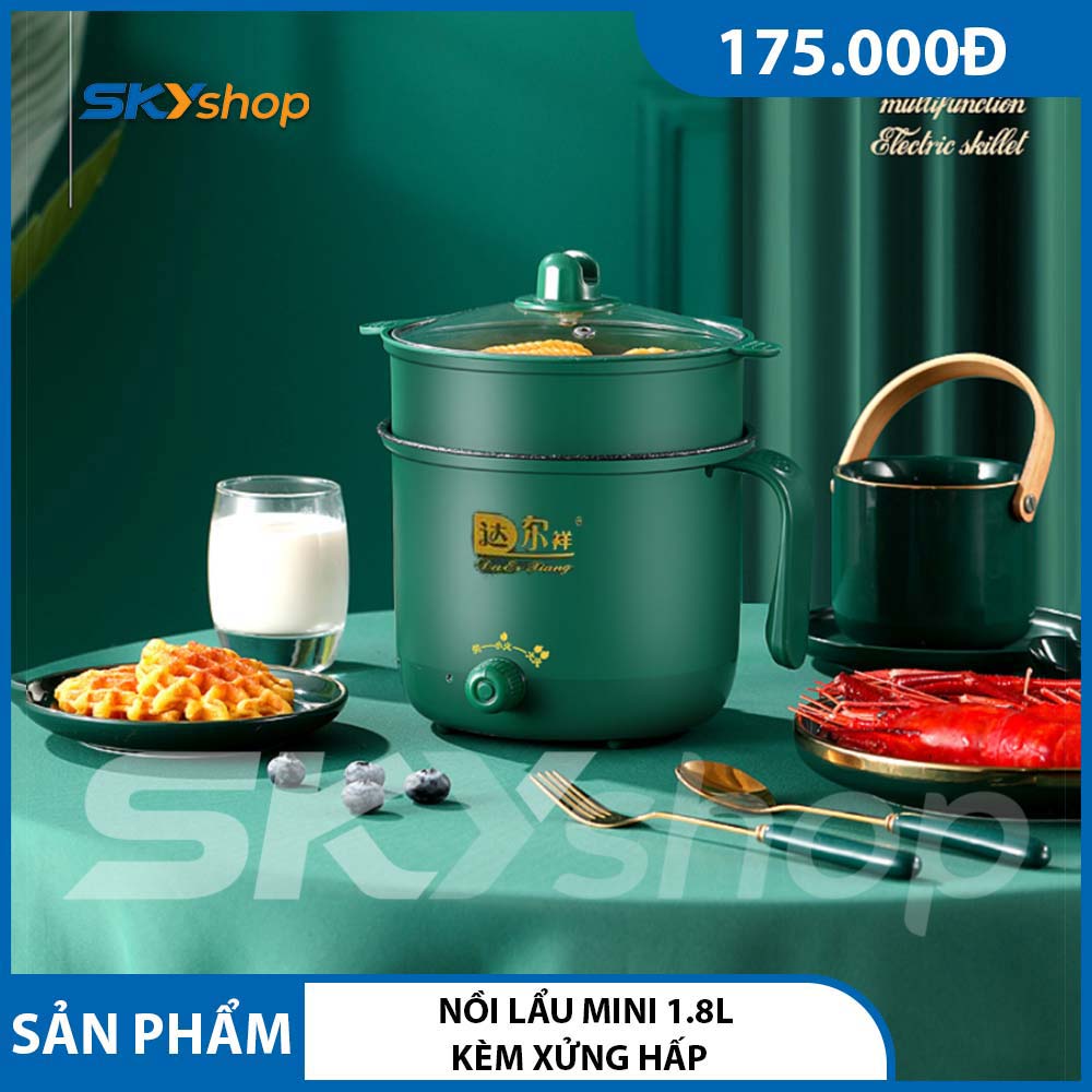 Nồi lẩu ca nấu mì mini chống dính dung tích 1.8L kèm khay hấp