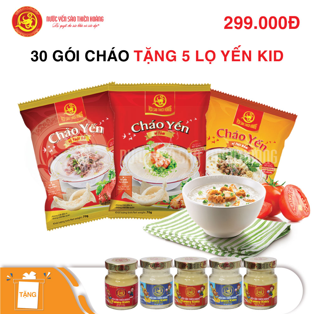 30 gói cháo yến Thiên Hoàng (hương vị ngẫu nhiên) - Tặng 5 lọ yến yummy kiddy vị ngẫu nhiên