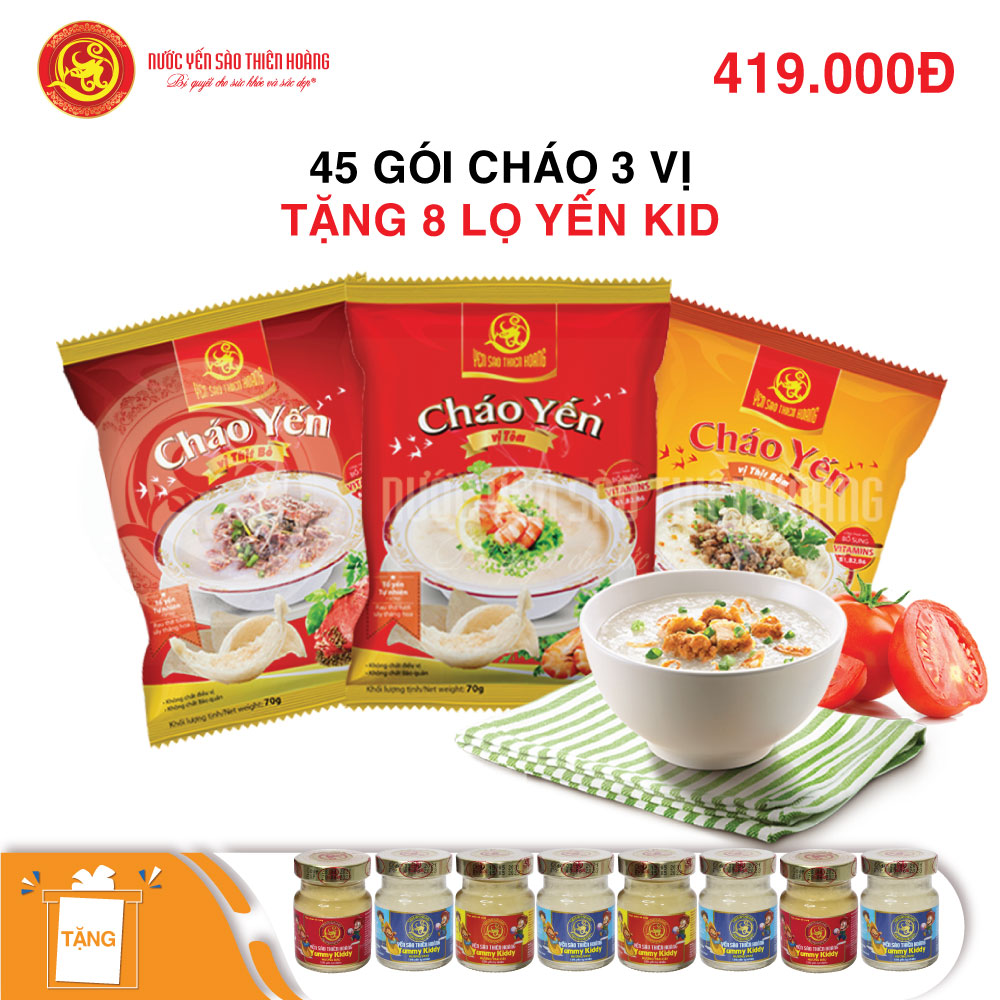 45 gói cháo yến Thiên Hoàng (hương vị ngẫu nhiên) - Tặng 8 lọ yến yummy kiddy vị ngẫu nhiên