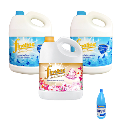 Bộ 2 bình nước giặt xả Thái Lan Fineline 3 lít màu xanh + 1 chai nước giặt xả Fineline màu vàng (3 lít) - Tặng 1 chai tẩy Javel Hoa Sen 500ml