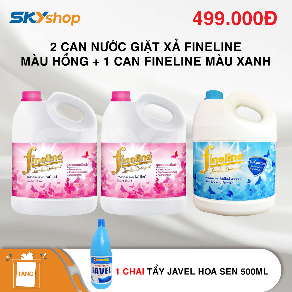 Bộ 2 bình nước giặt xả Thái Lan Fineline 3 lít màu hồng + 1 chai nước giặt xả Fineline màu xanh (3 lít) - Tặng 1 chai tẩy Javel Hoa Sen 500ml