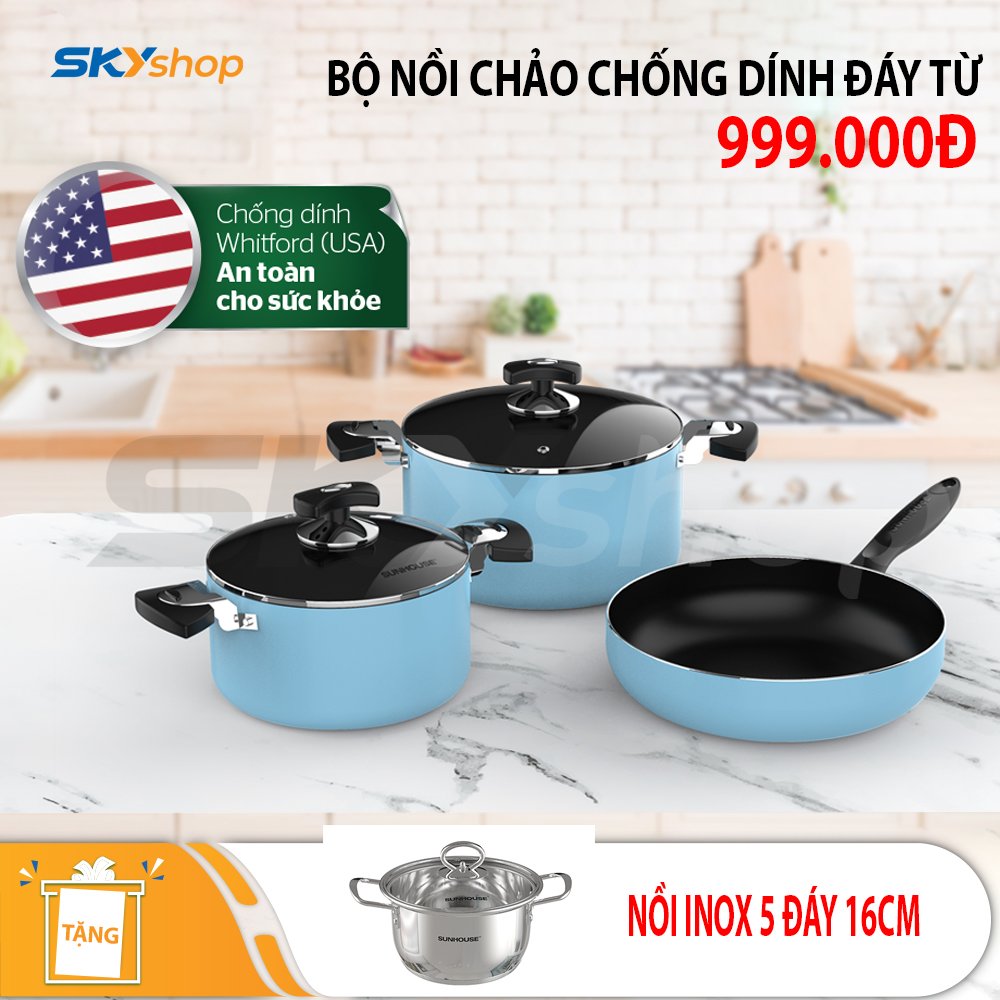 Bộ 2 Nồi 1 Chảo Chống Dính Đáy Từ SUNHOUSE SHG77MB - Tặng nồi inox SUNHOUSE 5 đáy 16cm SHG788-16