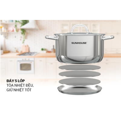 Bộ 2 nồi 1 chảo 1 quánh 1 xửng hấp Inox 5 đáy SUNHOUSE SHG995 - Tặng 4 lon cá hộp Sea Crown và 6 gói cháo yến Thiên Hoàng