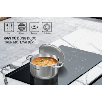 Bộ 2 nồi 1 chảo 1 quánh 1 xửng hấp Inox 5 đáy SUNHOUSE SHG995 - Tặng 4 lon cá hộp Sea Crown và 6 gói cháo yến Thiên Hoàng