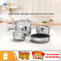Bộ 2 nồi 1 chảo 1 quánh 1 xửng hấp Inox 5 đáy SUNHOUSE SHG995 - Tặng 4 lon cá hộp Sea Crown và 6 gói cháo yến Thiên Hoàng