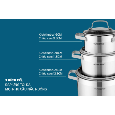 Bộ 3 Nồi Inox 5 Đáy SUNHOUSE SH780