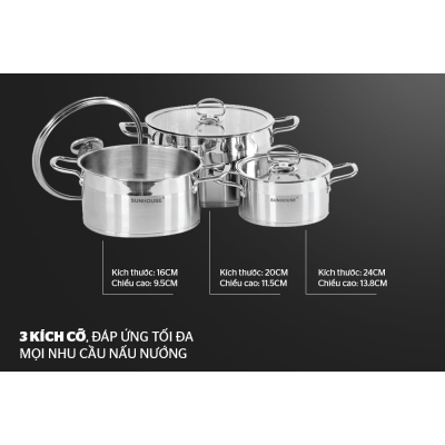 Bộ 3 Nồi Inox 5 Đáy SUNHOUSE MAMA SH784