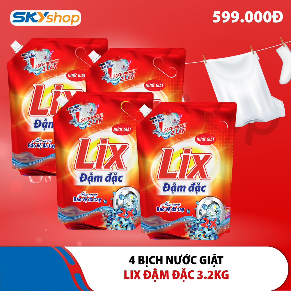 4 Bịch nước giặt Lix đậm đặc 3.2kg tăng gấp đôi sức mạnh (Giao HCM)