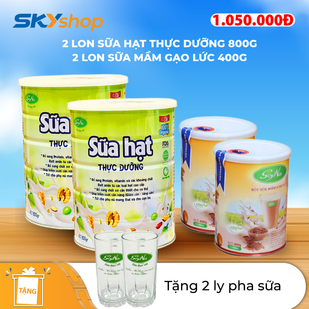 2 Lon sữa hạt thực dưỡng Soyna 800g/hộp + 2 lon sữa mầm gạo lứt Soyna 400g - Tặng 2 ly pha sữa soyna