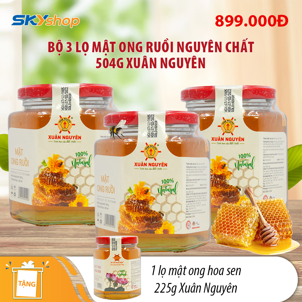3 lọ mật ong ruồi nguyên chất 504g Xuân Nguyên  - Tặng 1 lọ mật ong hoa sen 225g