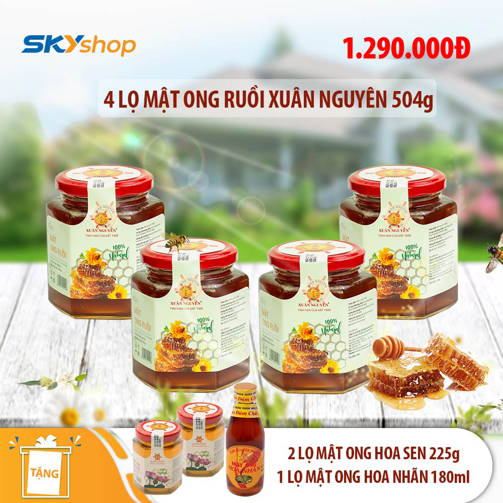 4 lọ mật ong ruồi nguyên chất 504g Xuân Nguyên  - Tặng 2 lọ mật ong hoa sen 225g + 1 chai mật ong hoa nhãn 180ml