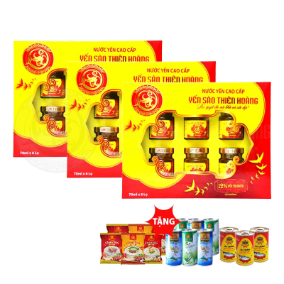 3 hộp Yến sào Thiên Hoàng 12% - Tặng 6 lon nước yến hương vị ngẫu nhiên + 06 gói cháo yến hương vị ngẫu nhiên + 3 lon cá hộp Sea Crown